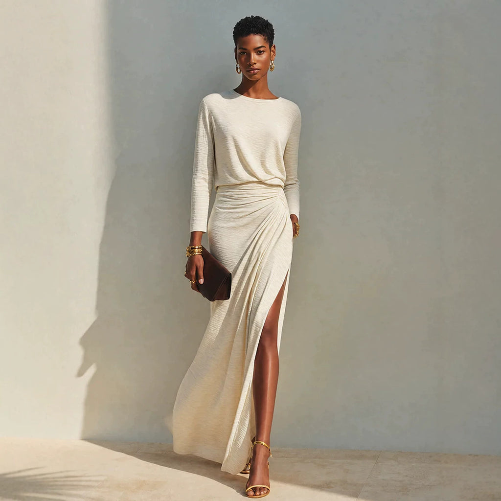 Women's Minimalist Round-neck Pleated Slit Maxi Dress