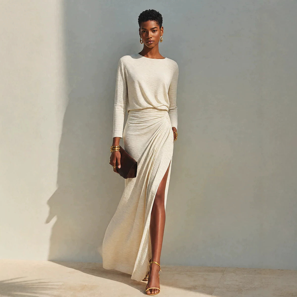 Women's Minimalist Round-neck Pleated Slit Maxi Dress