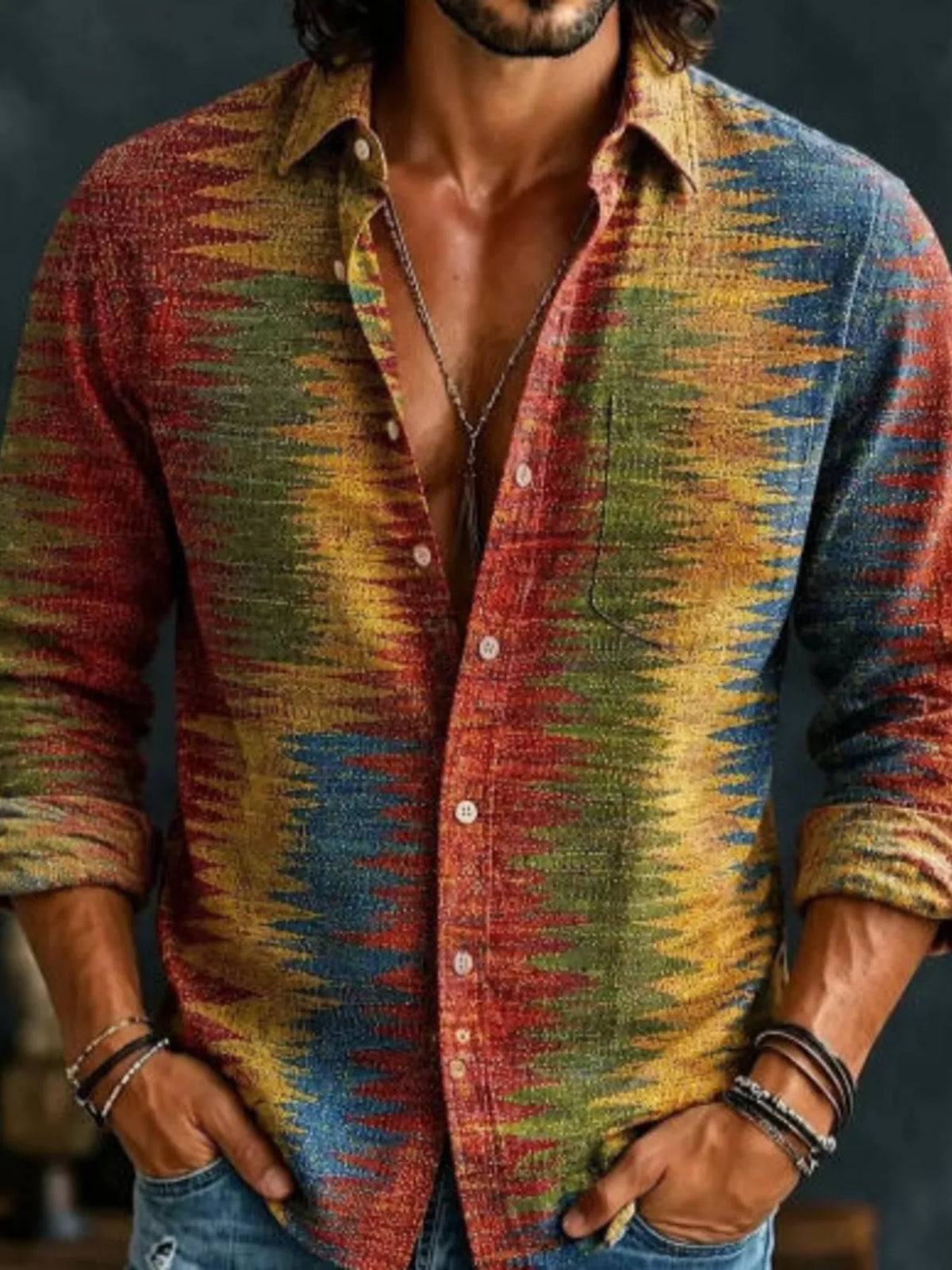 Men's Full Size Vintage Multi-Color Striped Long Sleeve Shirt Plus Size