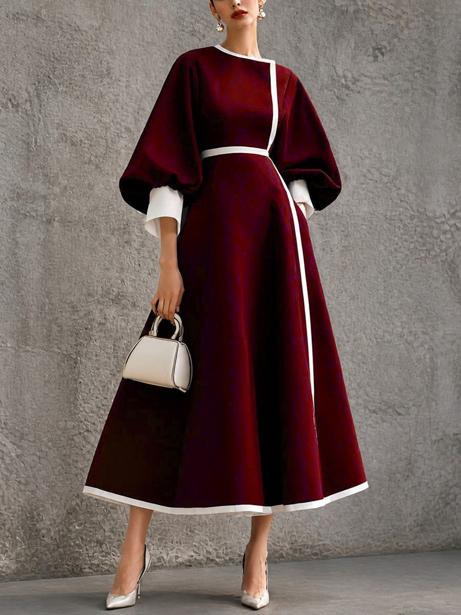Women's Three-quarter Lantern-sleeve Color-block Dress