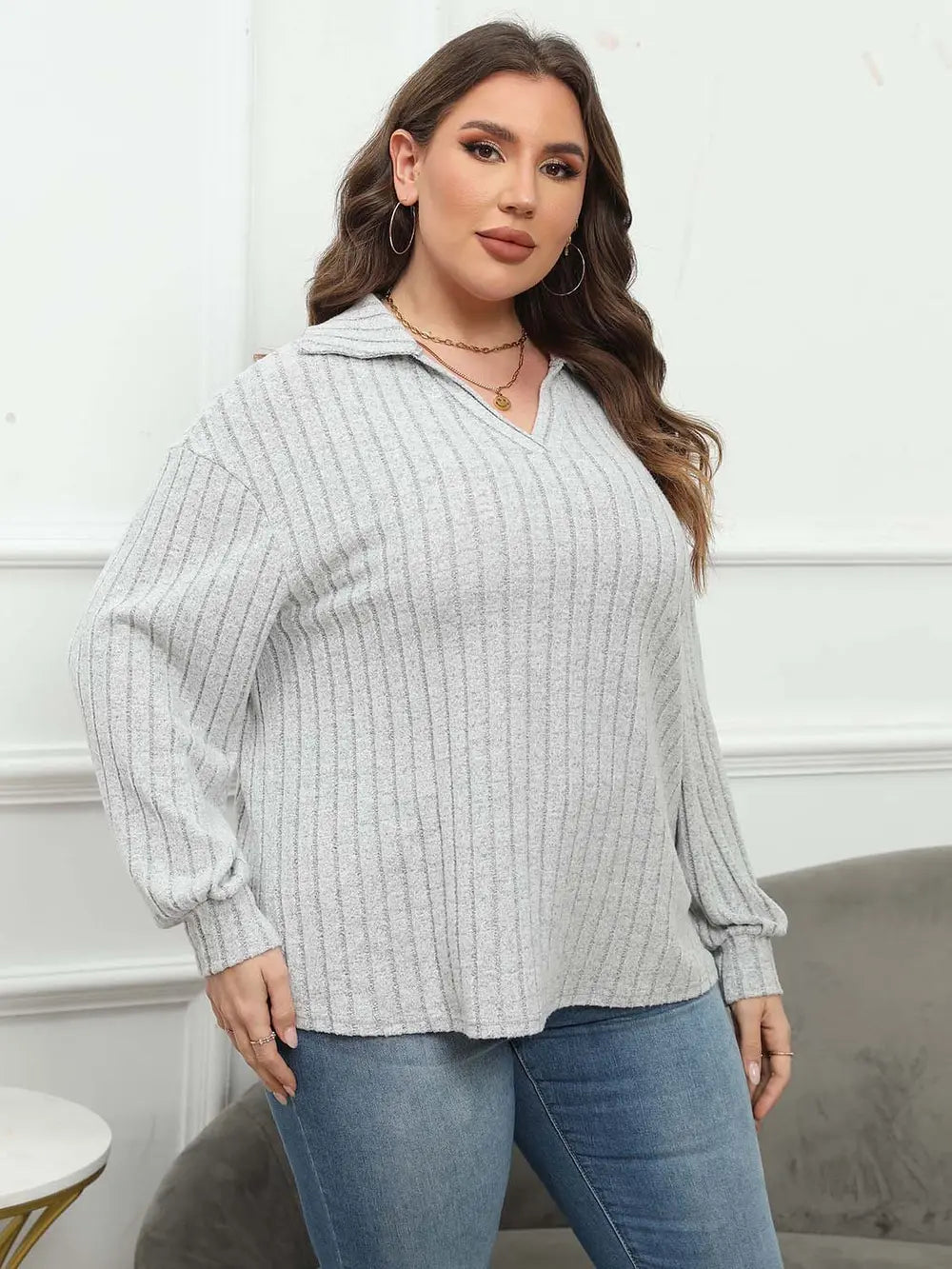 Women's Ribbed Collared Neck Long Sleeve Blouse, Plus Size