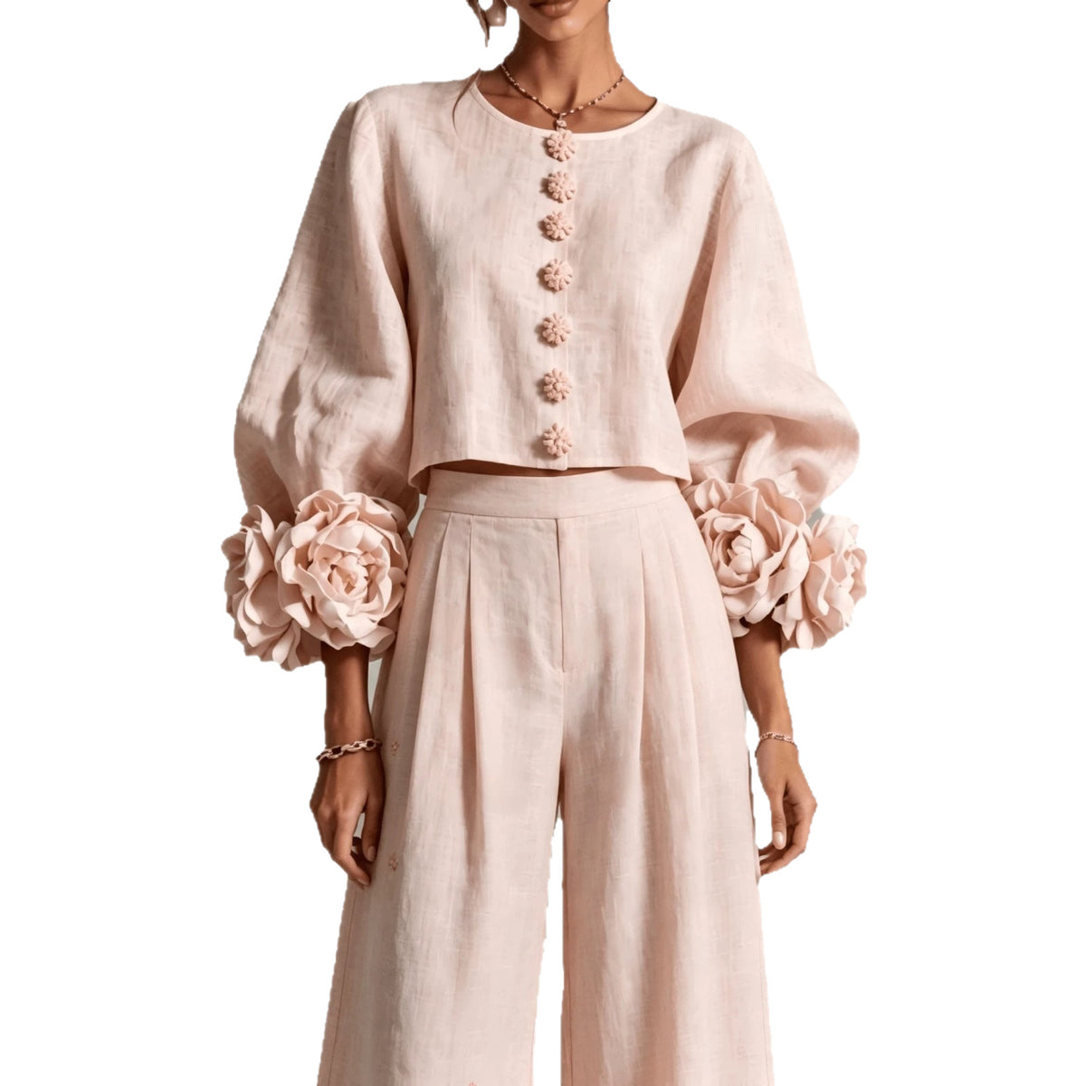 French-style Three-dimensional Floral Lantern-sleeve Top And Pants Set