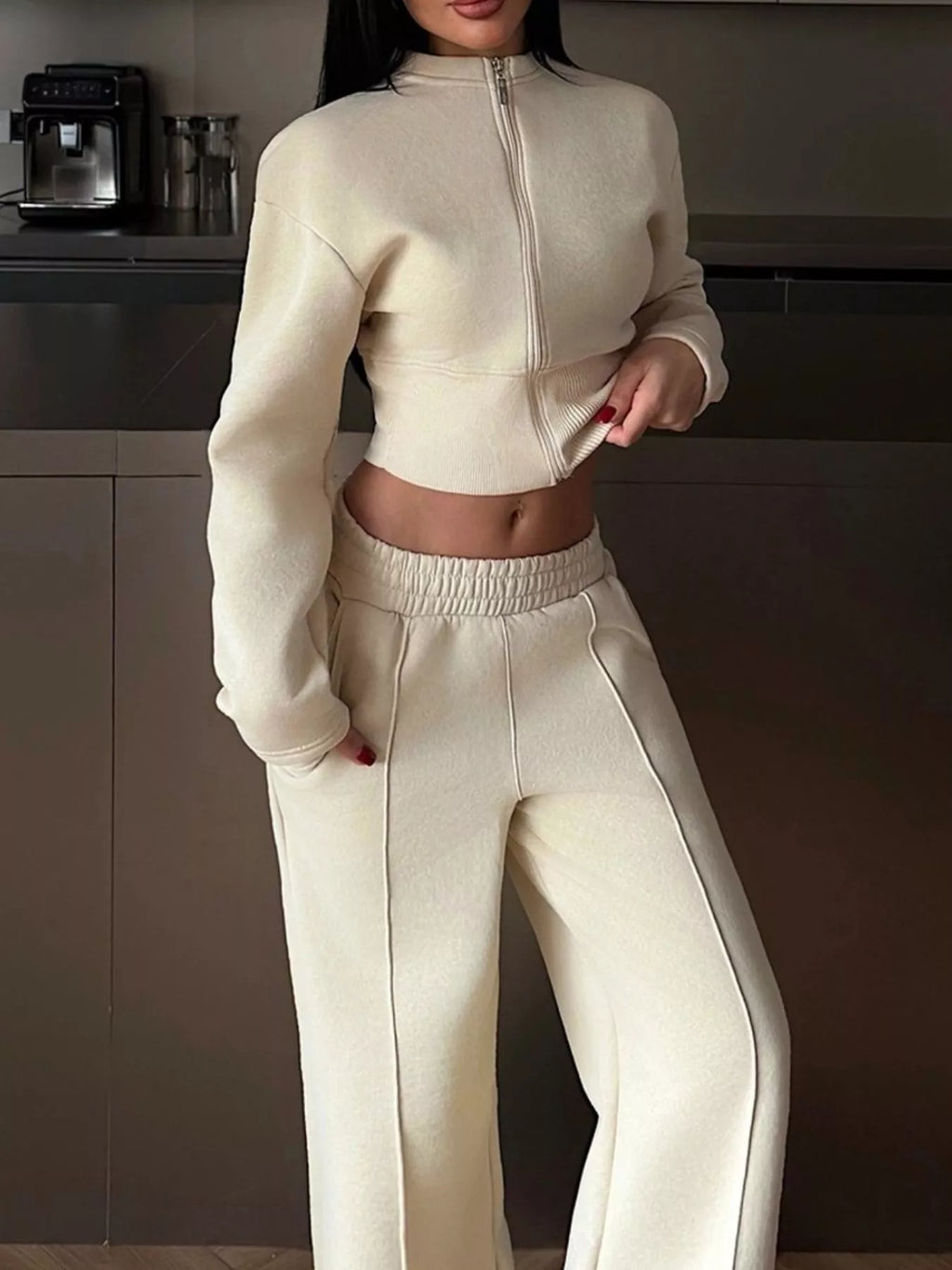 Women's Zip-Up Crop Jacket and Wide-Leg Pants Set