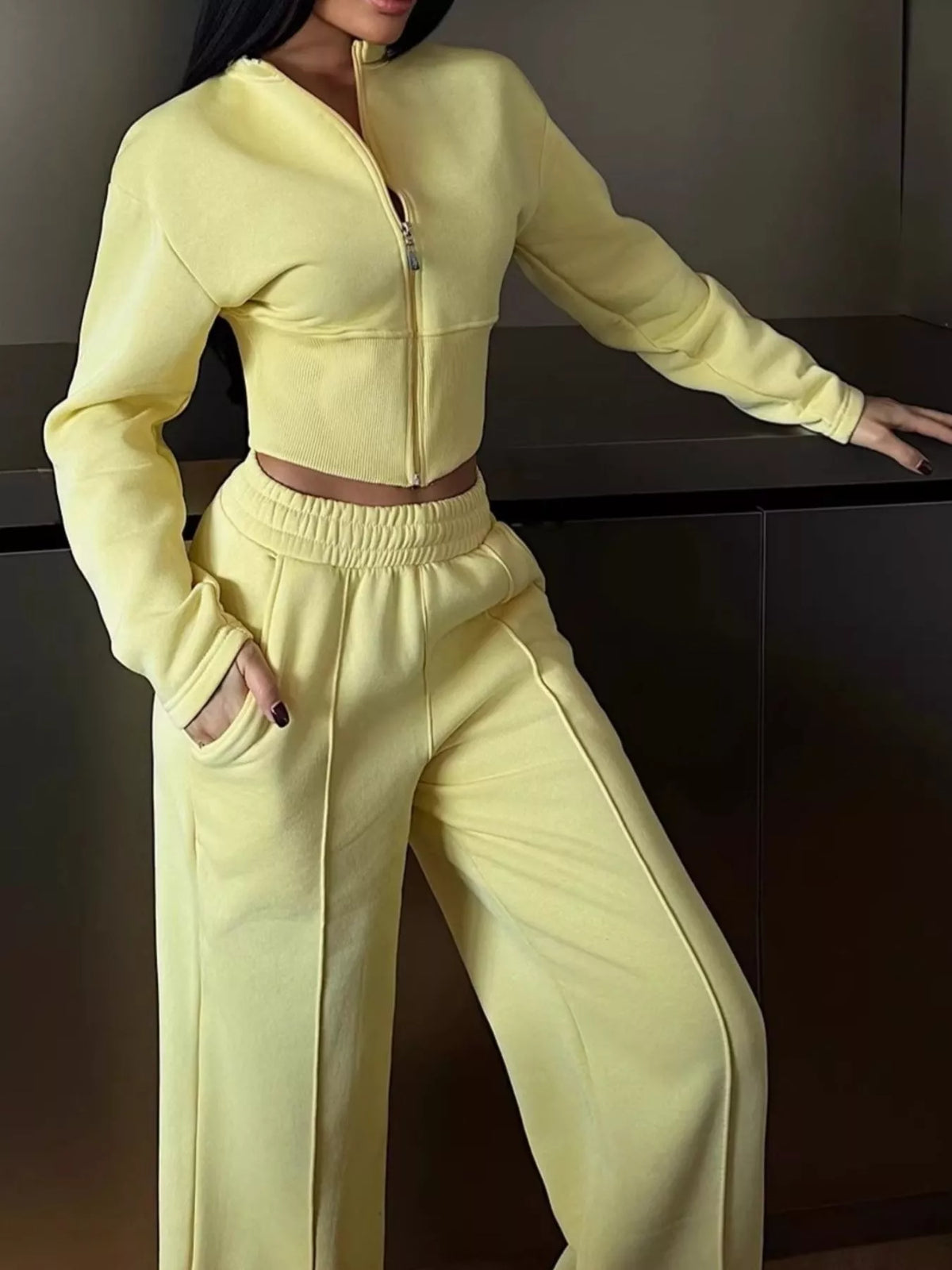 Women's Zip-Up Crop Jacket and Wide-Leg Pants Set