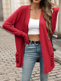 Women's Ruched Pocket Open Front Cardigan - Red