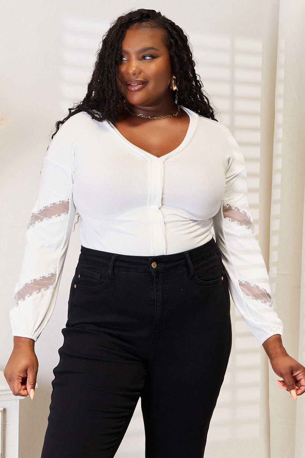 Women's White V-Neck Dropped Shoulder Blouse - White