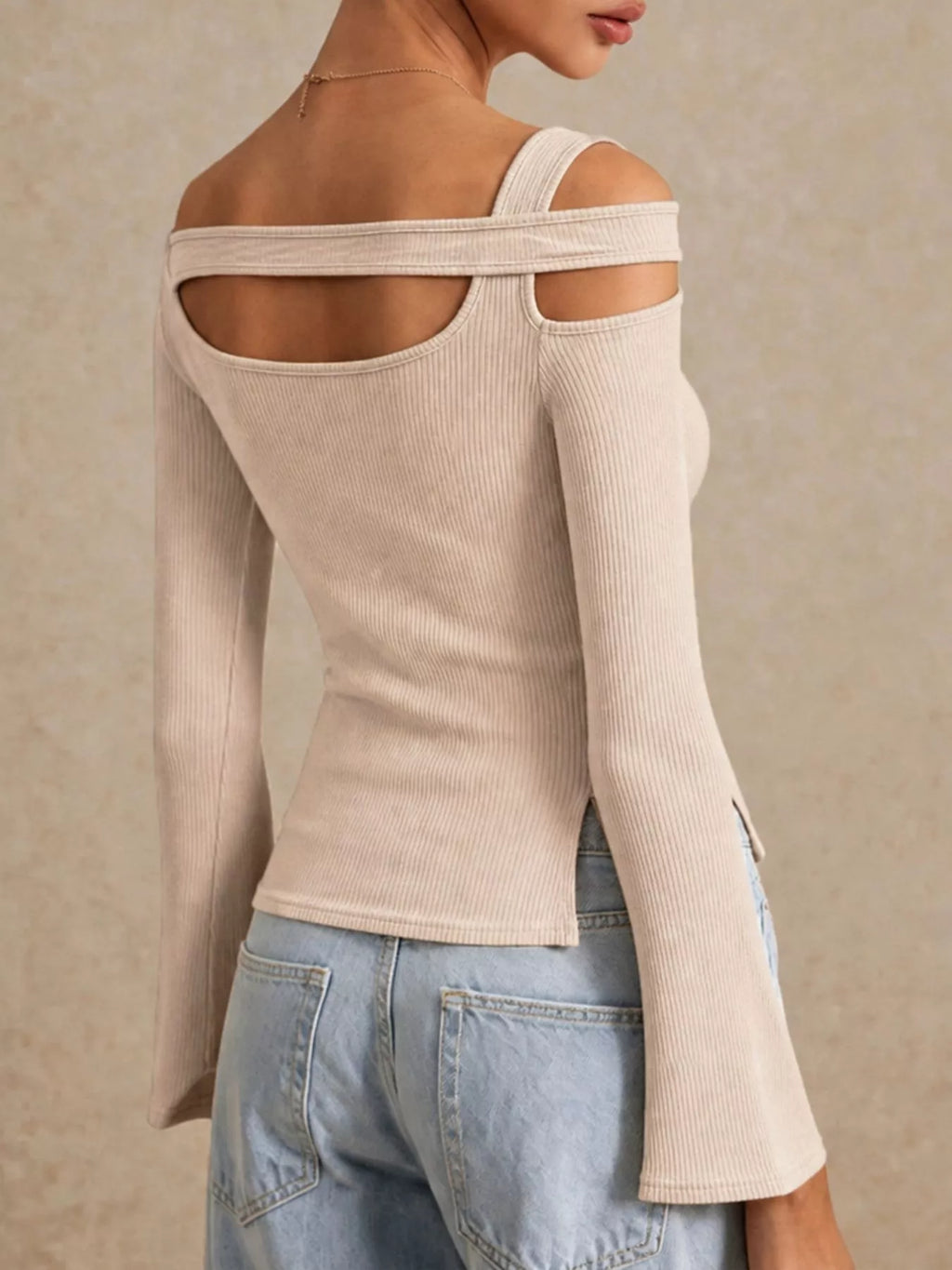 Women's Apricot Side Slit Cutout Ribbed Long Sleeve T-Shirt - Apricot
