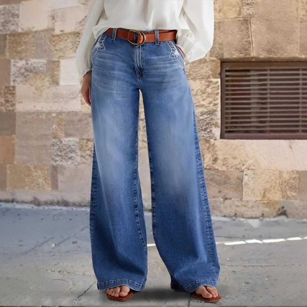 Standard Jeans Wide-Leg Embroidered Mid-Waist Denim Pants