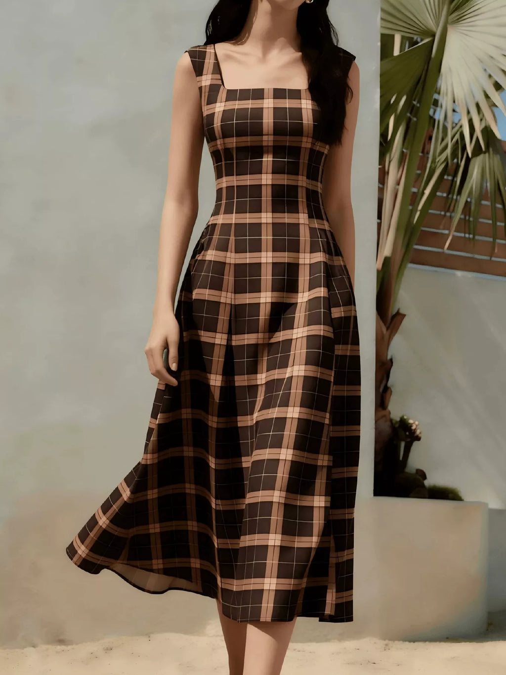 Women's Brown Square Neck Plaid Midi Dress - Brown