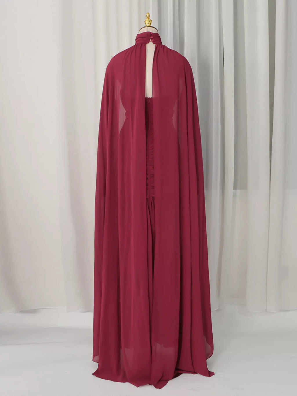 Women's Red Ruched Halter Neck Cape Maxi Dress - Red