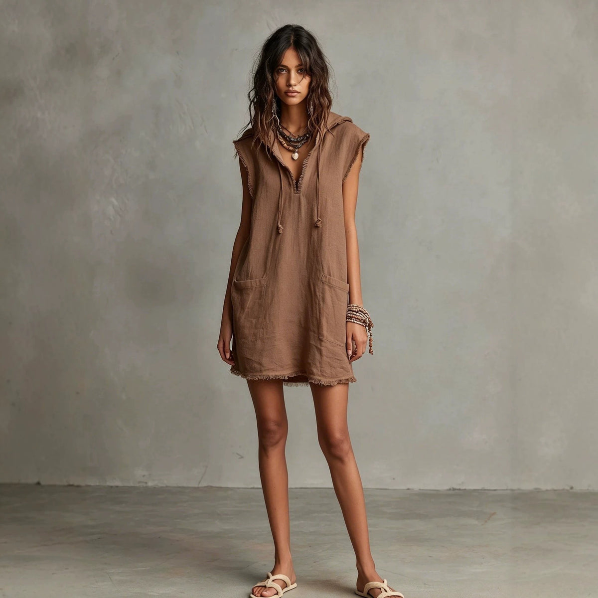 Minimalist Linen Blend Mini Dress, Hooded Sleeveless Lace Trim Solid Color Dress