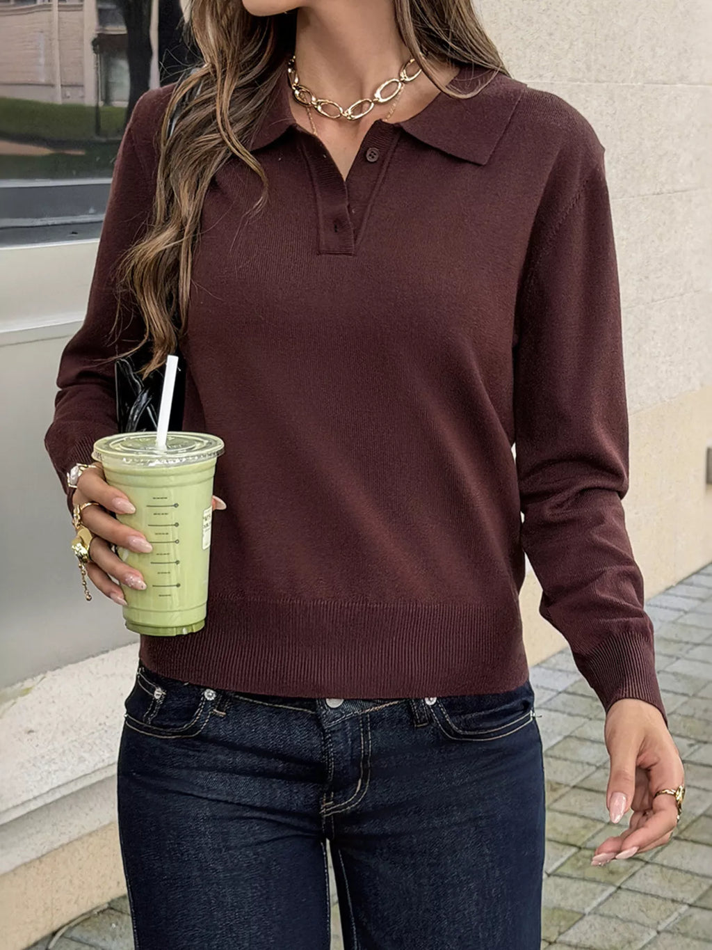 Women's Brown Polo Collar Knit Sweater - Brown