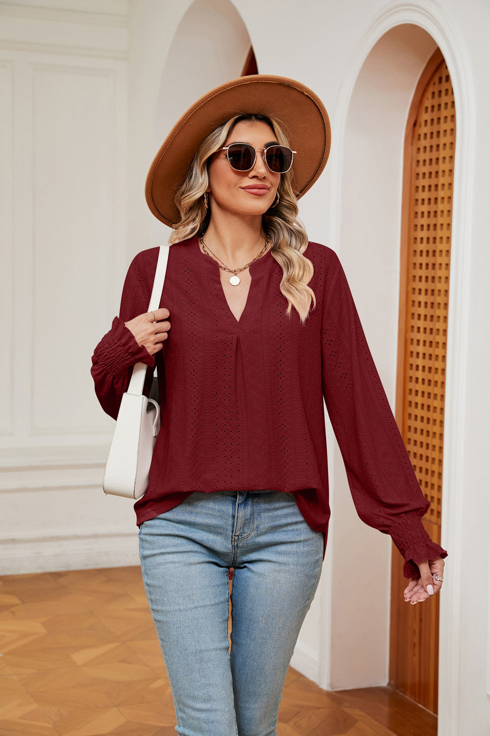 Women's Notched Neck Flounce Sleeve Blouse - Wine