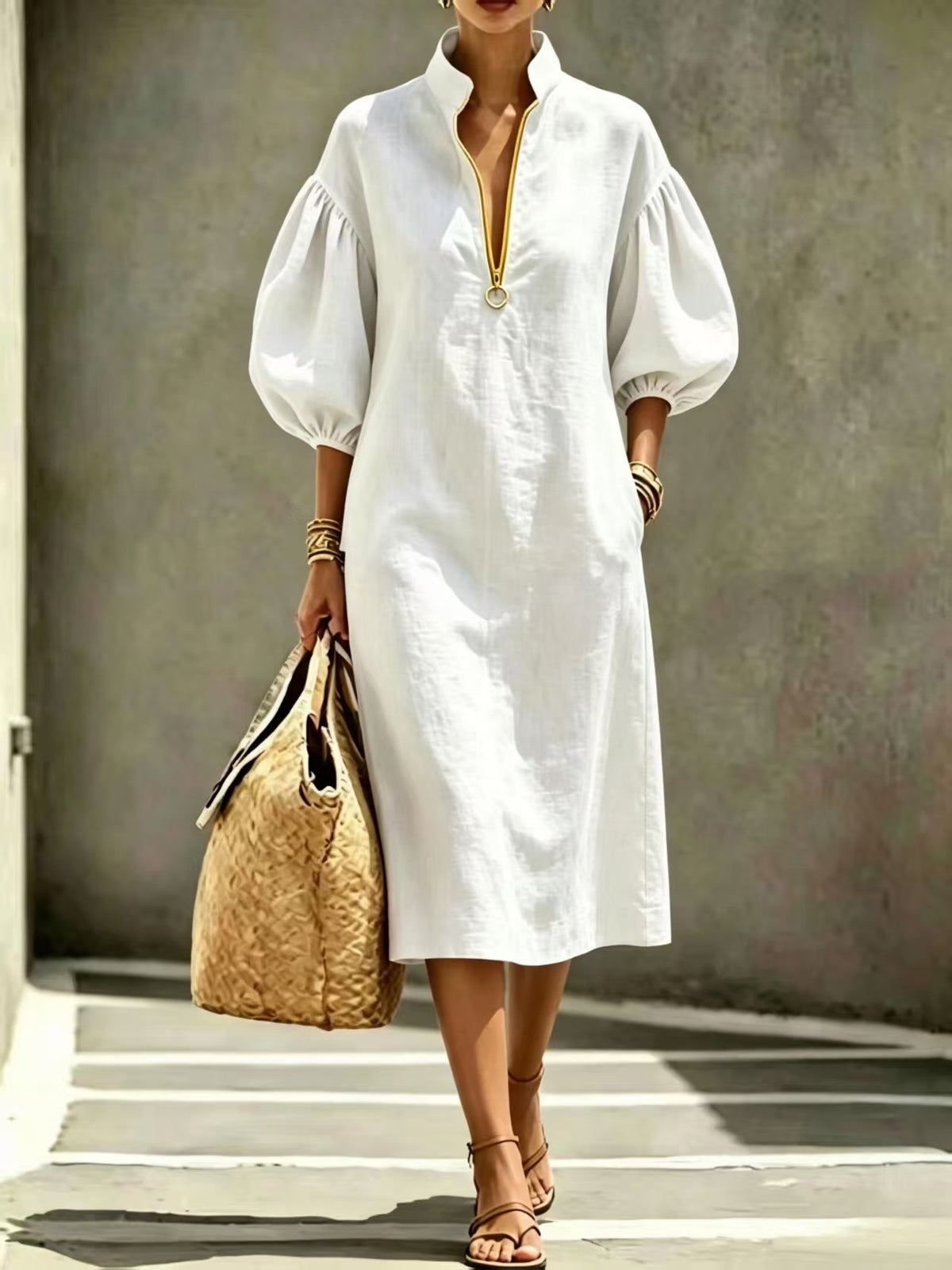 Summer New Women's Casual Loose Stand-Up Collar Puff Sleeve Half-Zip Women's Dress