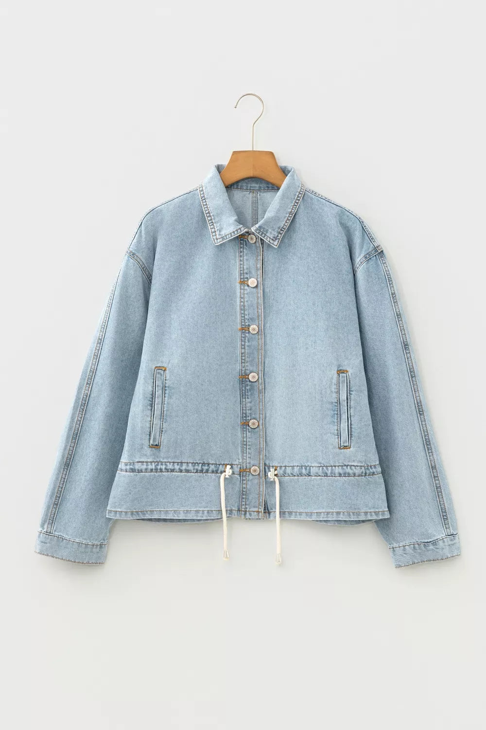 Women's Light Blue Draw-cord Hem Light Wash Denim Jacket - Light Blue