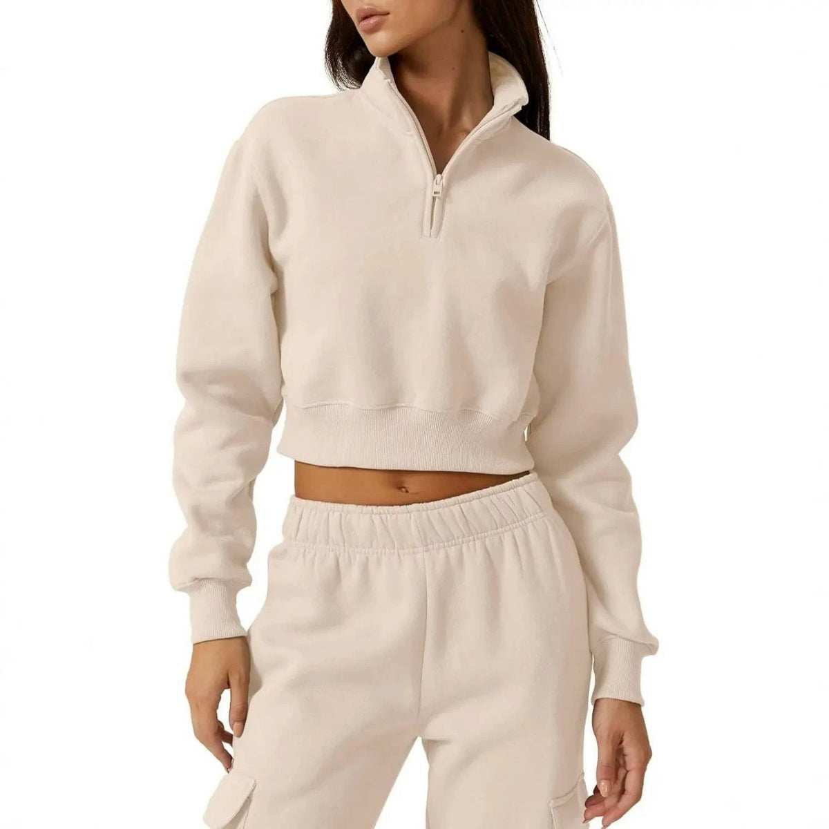 Stand-collar Half-zip Cropped Sporty Hoodie And Sweatpants Two-piece Set