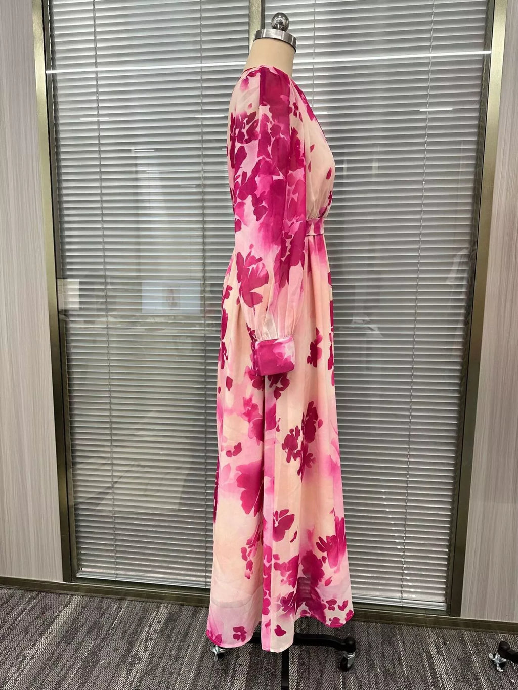 Women's Hot Pink Floral Print Maxi Dress with Waist-Tie Detail - Hot Pink