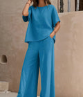 Women's Solid-color Casual Round-neck Short-sleeve And Long-pants Set