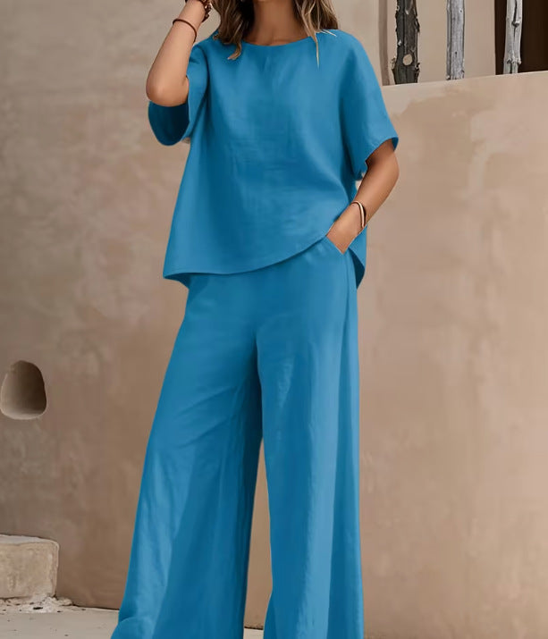Women's Solid-color Casual Round-neck Short-sleeve And Long-pants Set