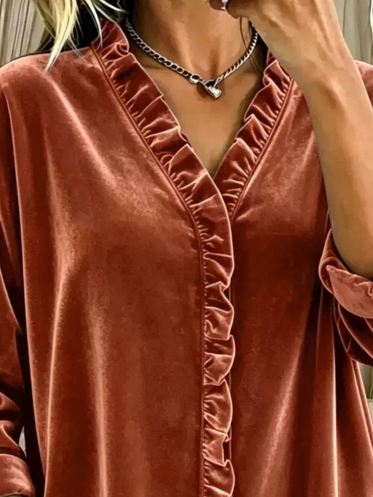 Women's Velvet Frill V-Neck Blouse