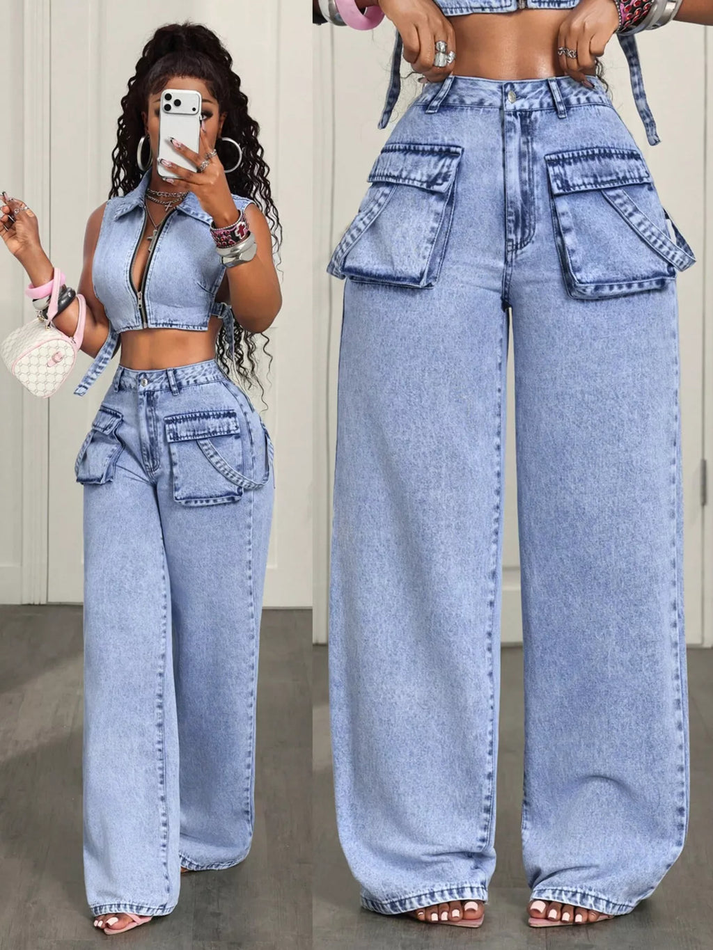 Women's Blue High-Waisted Wide-Leg Cargo Jeans - Blue