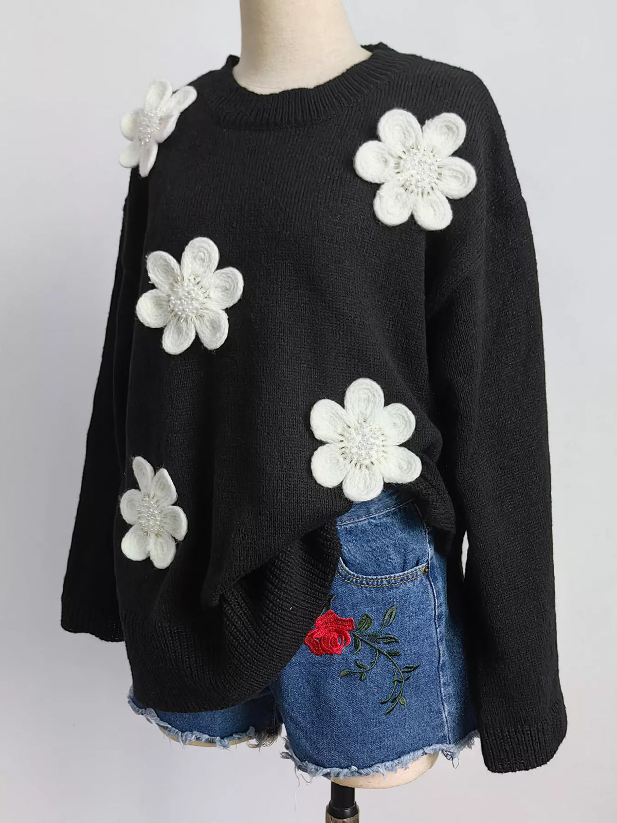 Women's Floral Applique Crew Neck Sweater