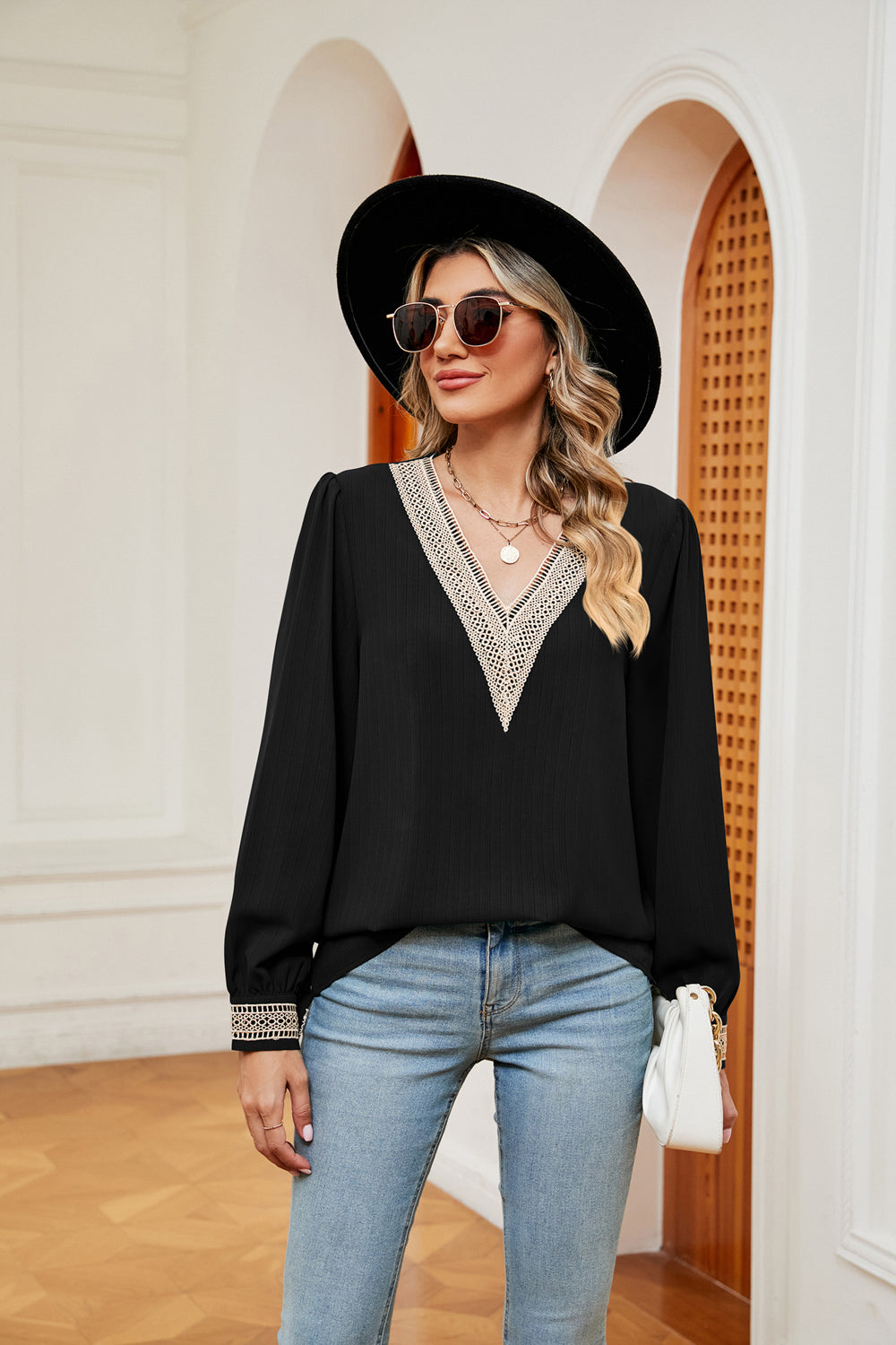 Women's Contrast Puff Sleeve Blouse