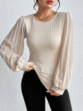 Women's Cream Pleated Puff Sleeve Round Neck Blouse - Cream