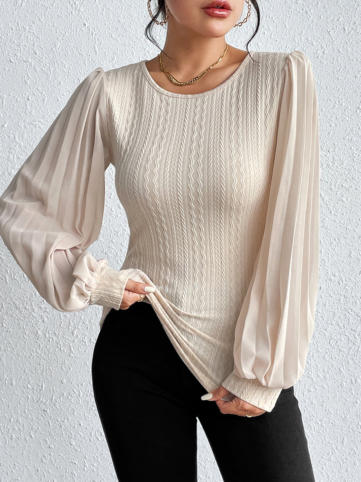 Women's Cream Pleated Puff Sleeve Round Neck Blouse - Cream
