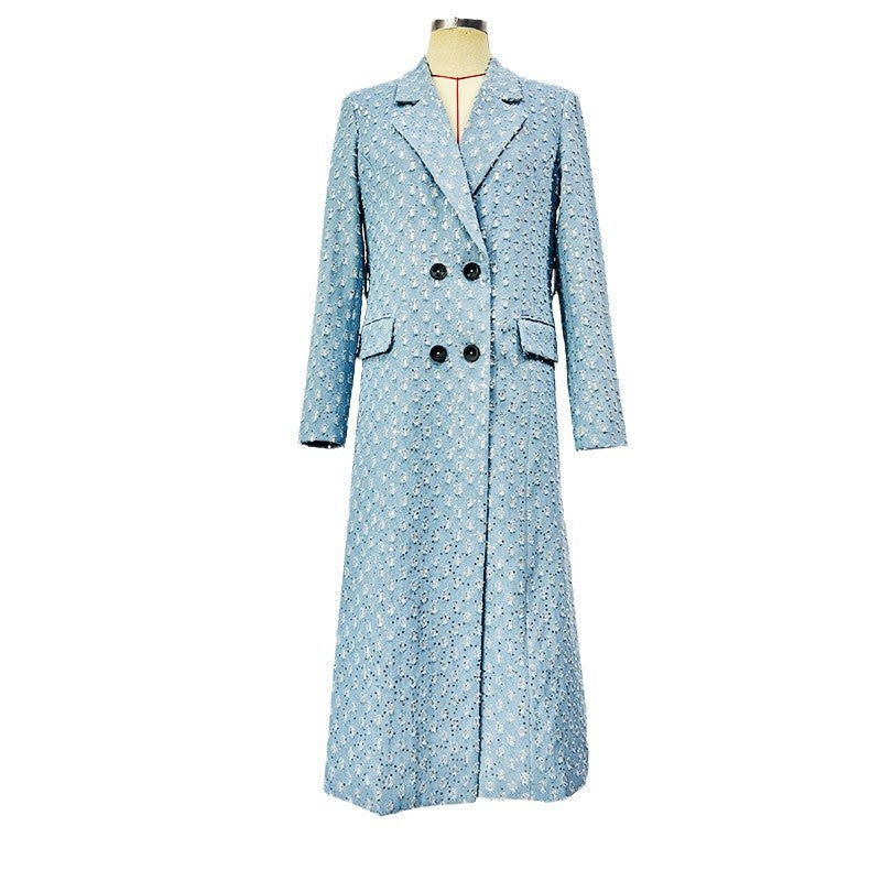 Women's Denim blue Light Blue Tweed Belted Double-Breasted Long Coat - Denim blue