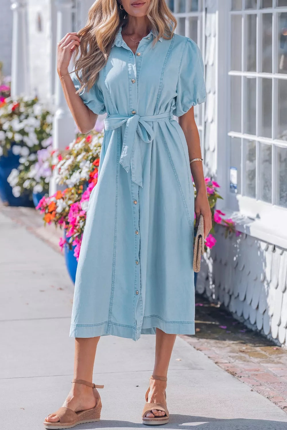 Women's Light Blue Full Buttons Collared Short Bubble Sleeve Long Denim Dress - Light Blue