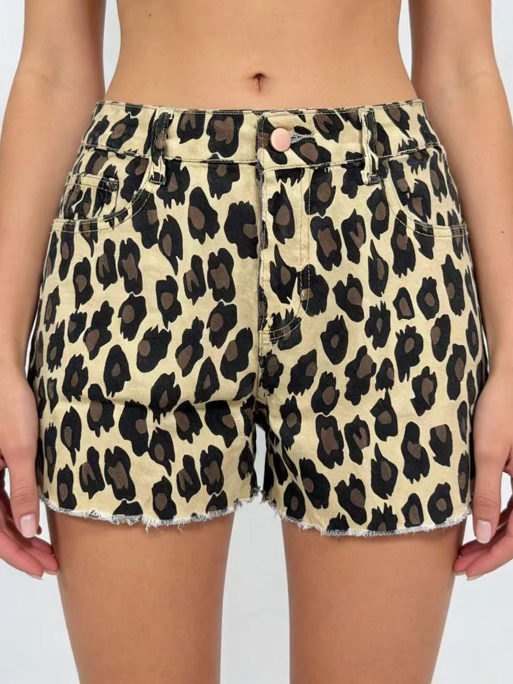 Women's Khaki Leopard Print High-Waisted Denim Shorts - Khaki