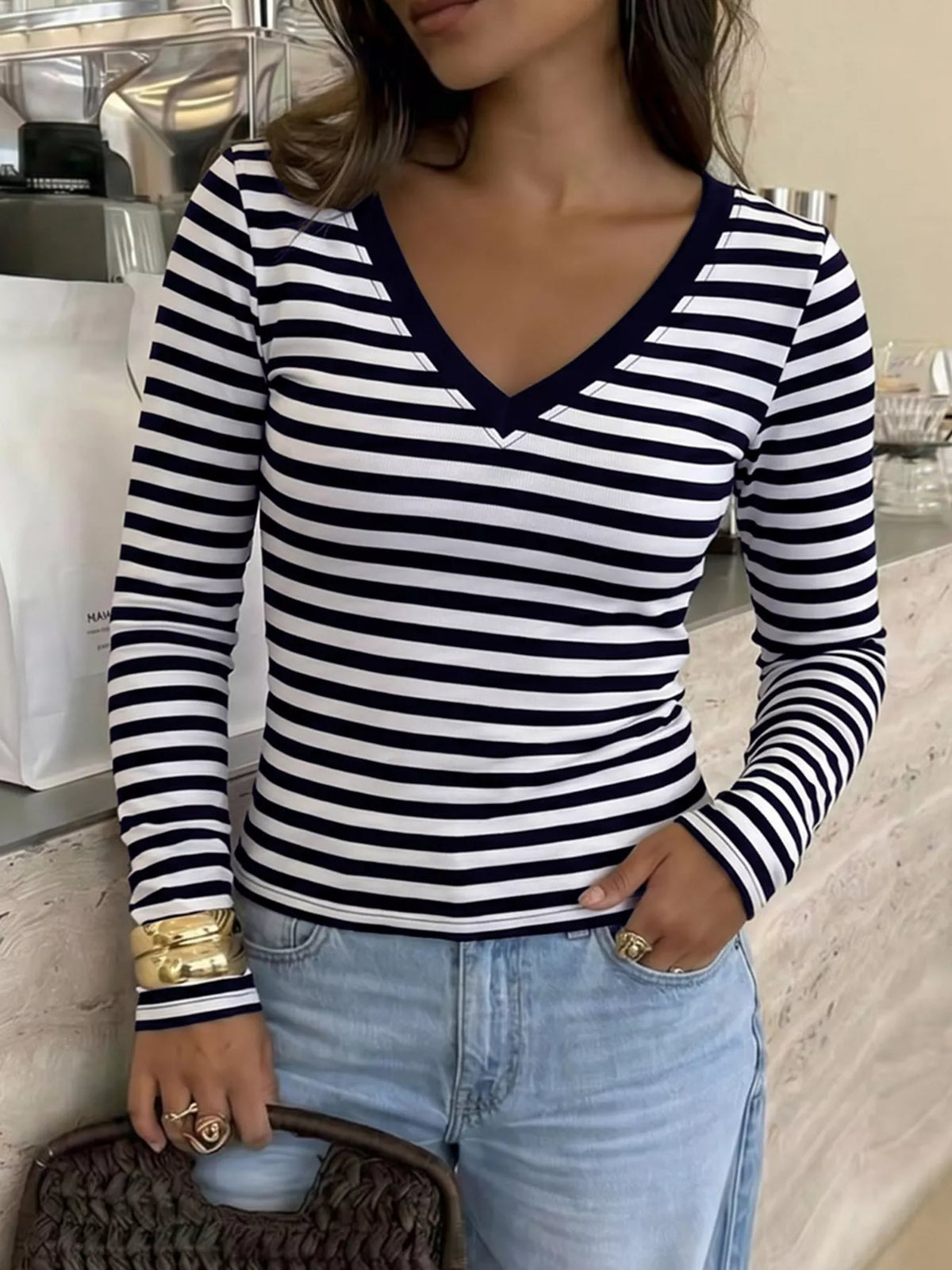Women's Black Striped V-Neck Long Sleeve T-Shirt - Black