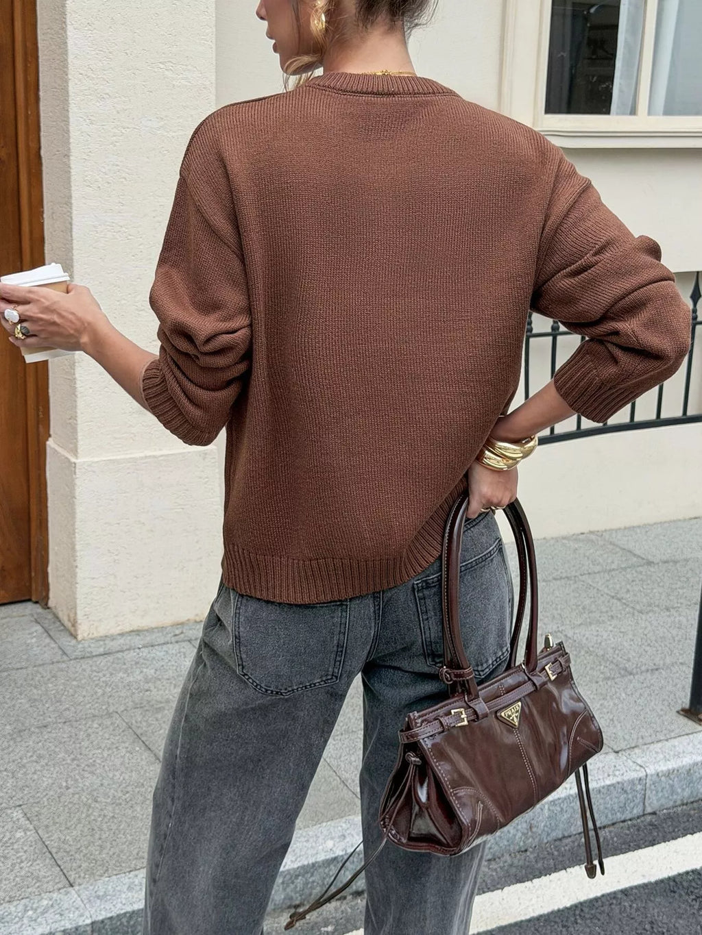 Women's Brown Crew Neck Ribbed Hem Sweater - Brown