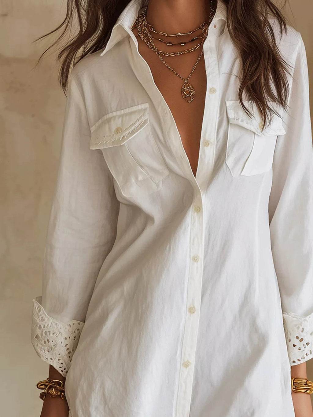 Women's Button-Down Shirt Dress with Lace Trim