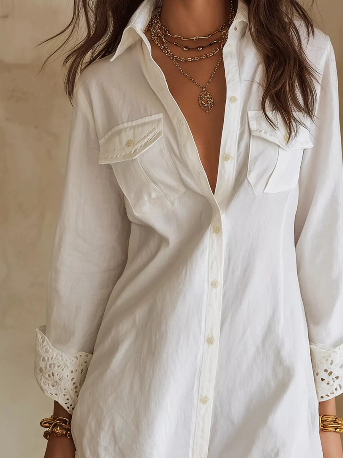 Women's Button-Down Shirt Dress with Lace Trim