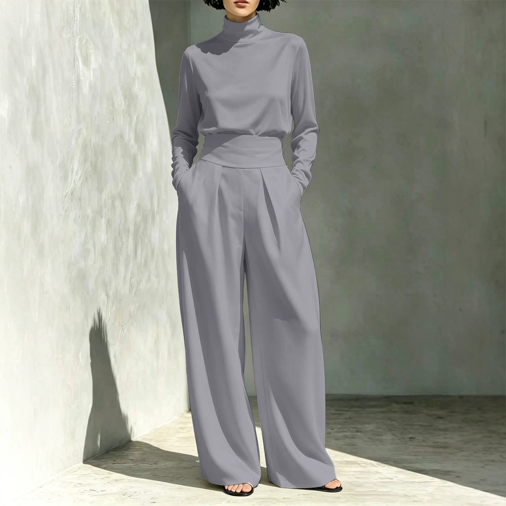 Women's 2026 Fall Winter New Arrival Women Solid Color Turtleneck Long Sleeve Top Long Pants Casual Outfit Set For European American Market