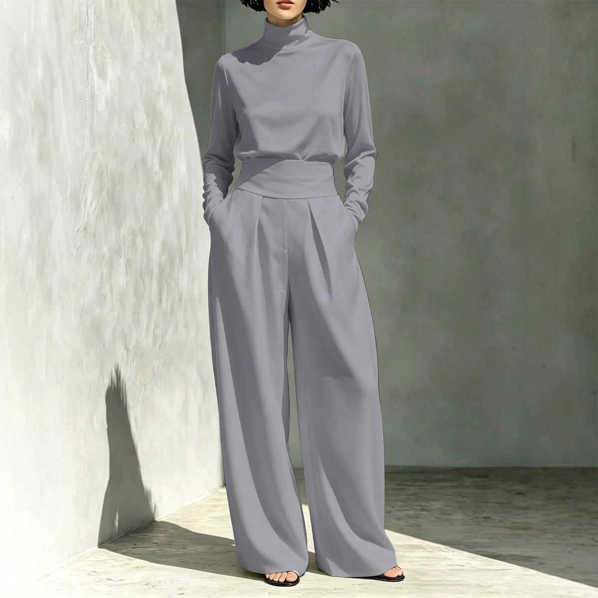 Women's 2026 Fall Winter New Arrival Women Solid Color Turtleneck Long Sleeve Top Long Pants Casual Outfit Set For European American Market