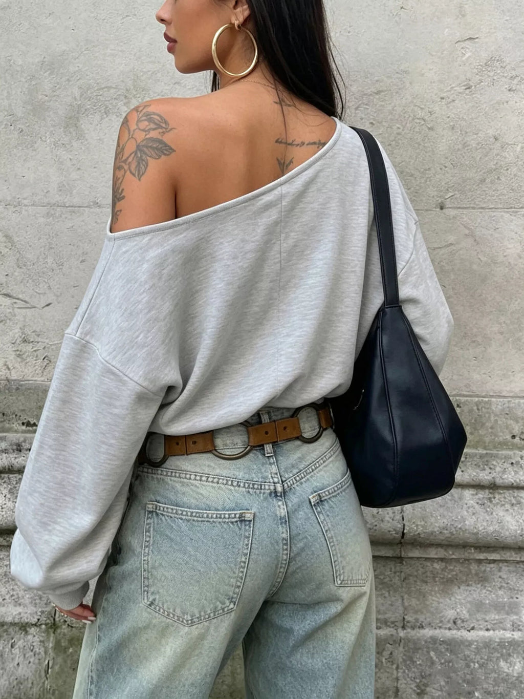 Women's Light Gray One Shoulder Long Sleeve Casual T-Shirt - Light Gray