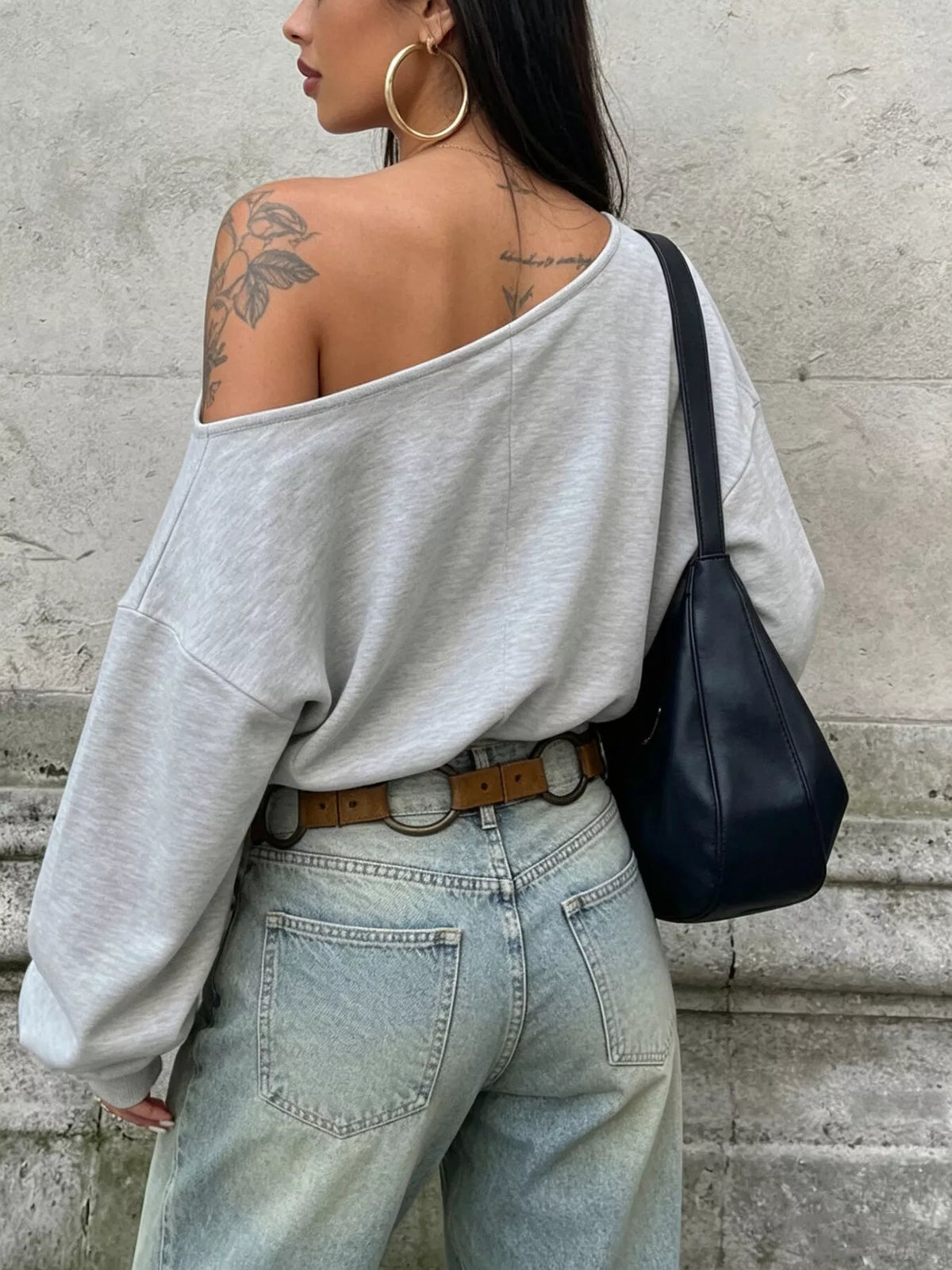 Women's Light Gray One Shoulder Long Sleeve Casual T-Shirt - Light Gray
