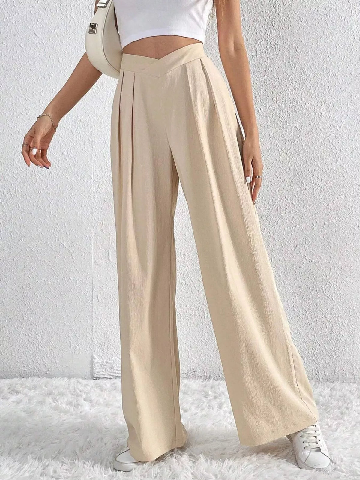 Women's Pleated Wide Leg Pants - Apricot