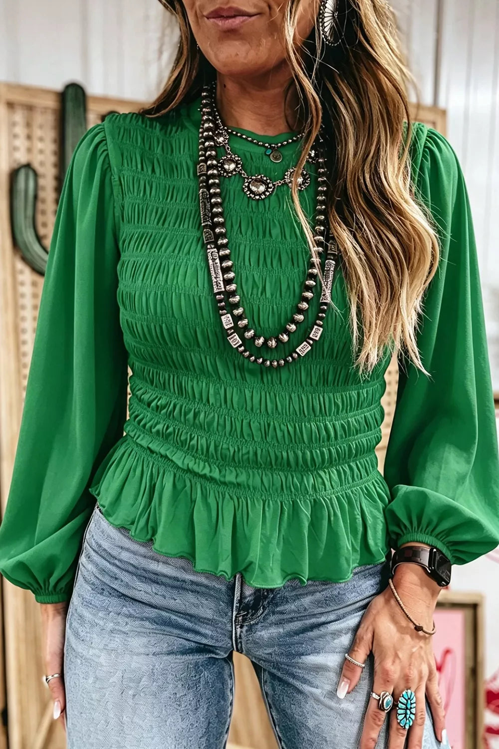 Women's Smocked Balloon Sleeves Peplum Blouse