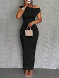 New Cute Fashion Water Ripple Slant Shoulder Dress