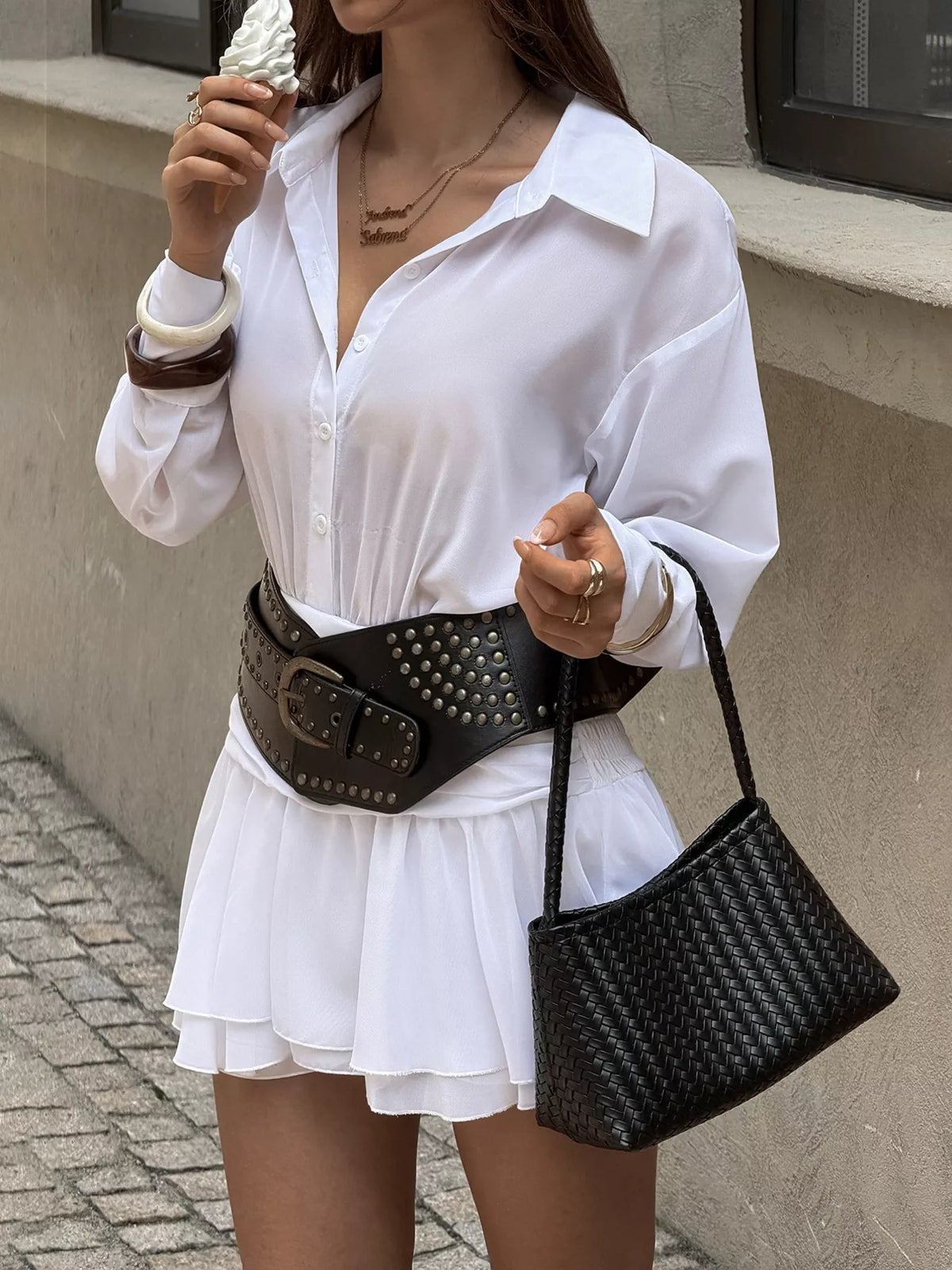 Women's White Ruched Waist Layered Ruffle Hem Shirt Dress - White