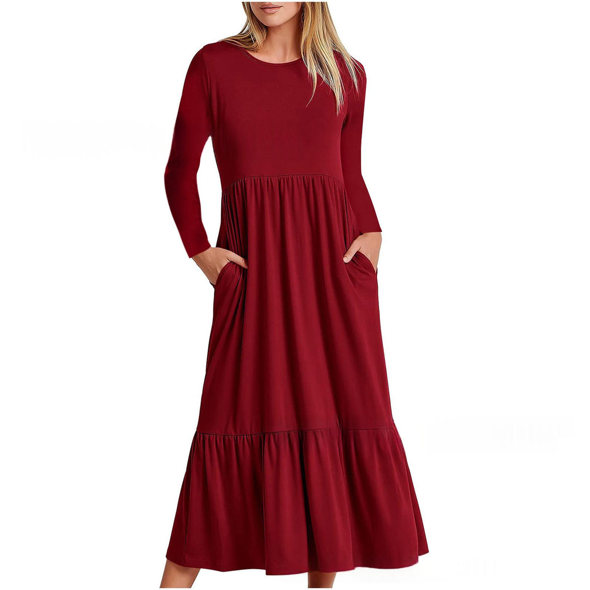 Elegant Round-neck Pleated Solid-color Maxi Dress