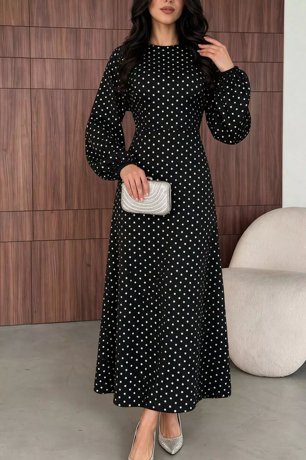 Women's Polka Dot Long Sleeve Maxi Dress