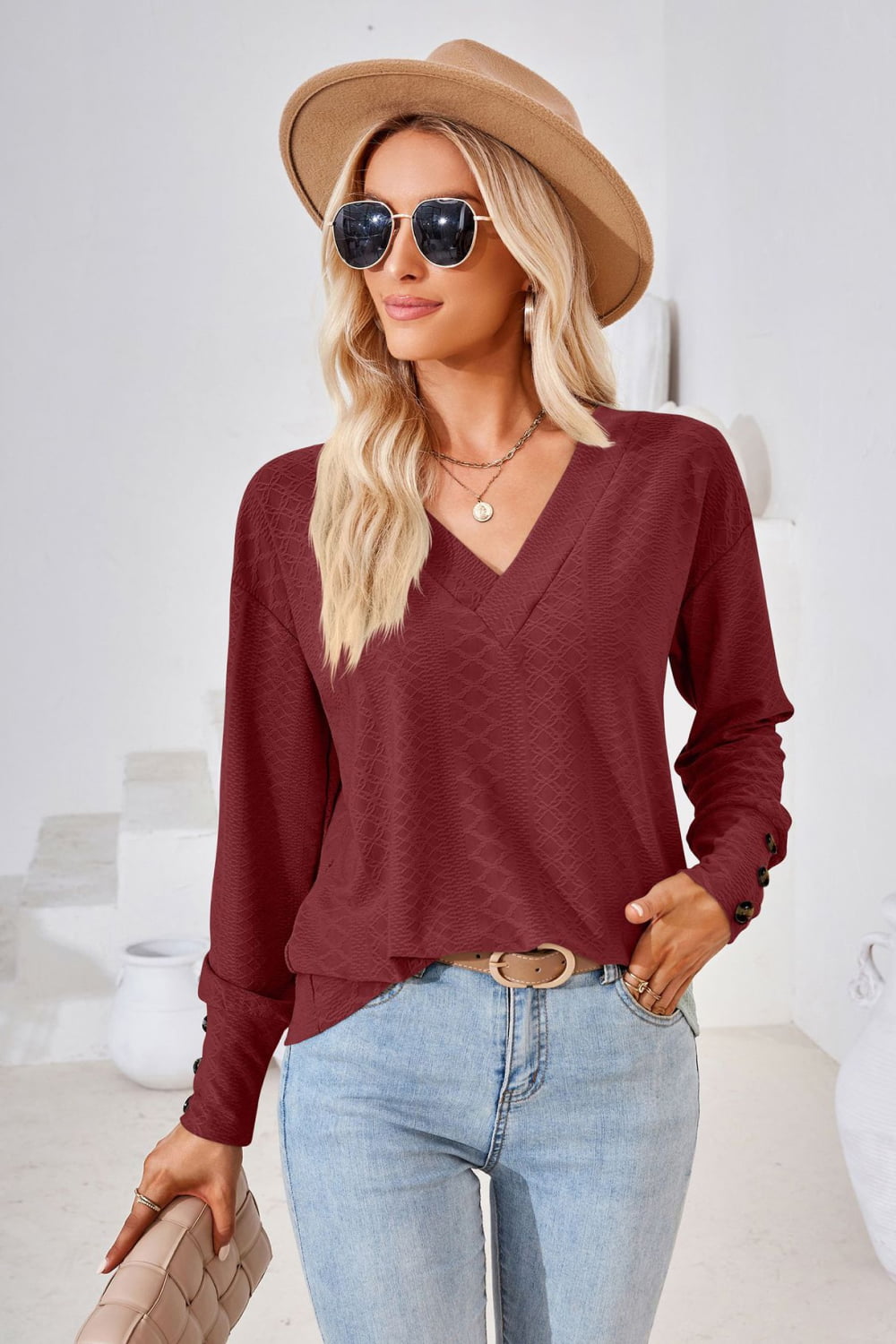 Women's V-Neck Long Sleeve Blouse - Burgundy