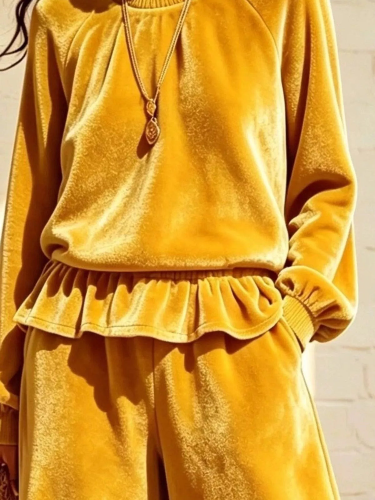 Women's Velvet Peplum Top and Wide-Leg Pants Set