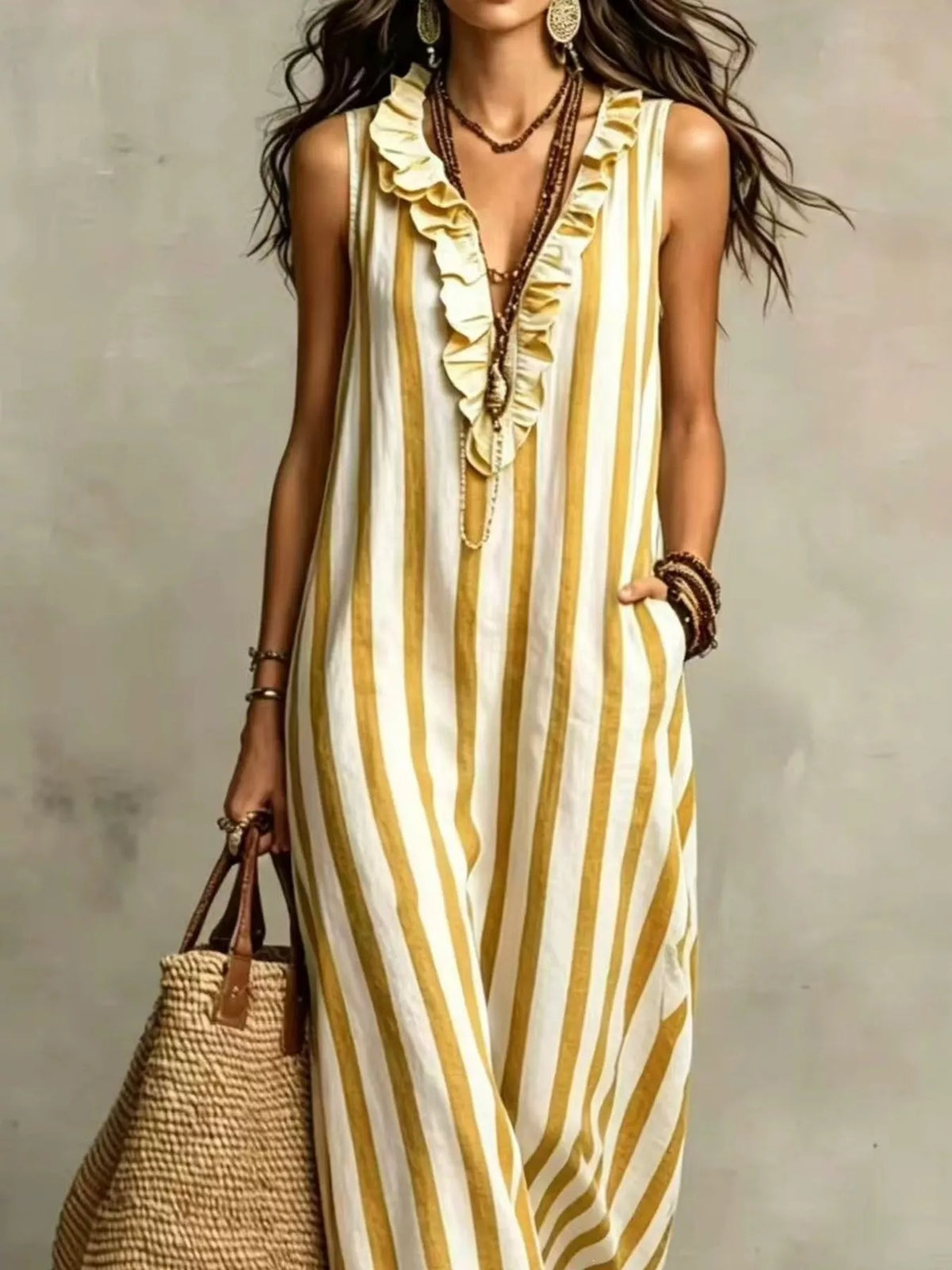 Full Size Sleeveless Striped Ruffle V-Neck Maxi Dress Plus Size