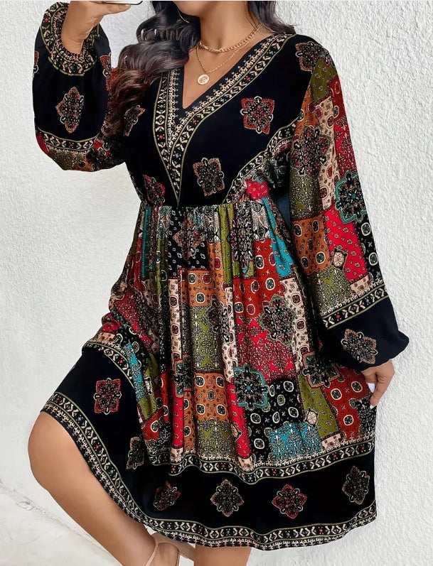 Women's Long Sleeve V-neck Printed Dress